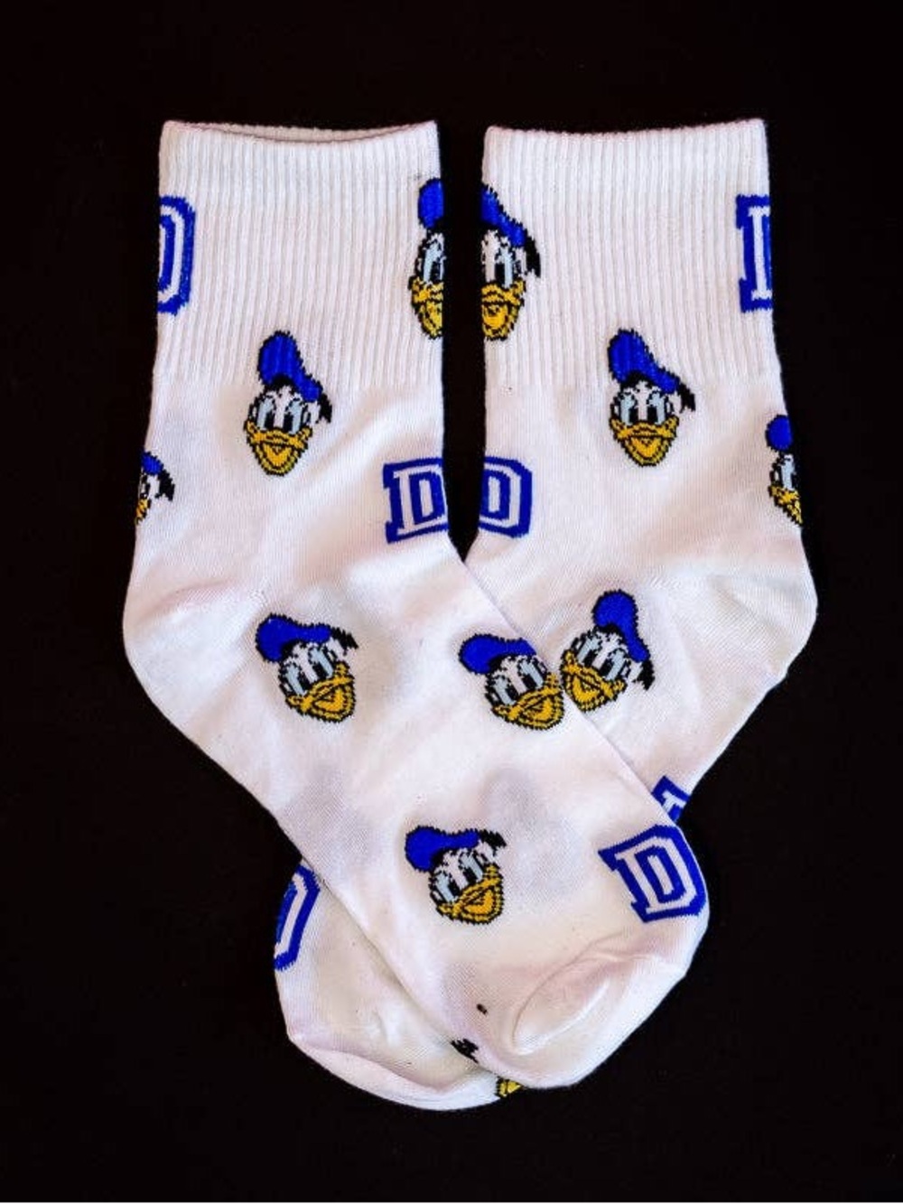 White Donald Duck Pattern Crew Socks with Blue Accents - Disney